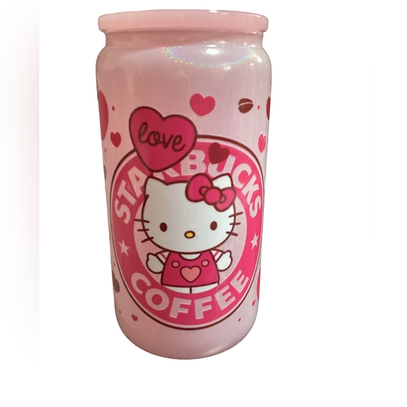 NEW HK SB pink glass Cup with pink plastic‎ Lid & Straw 16oz - Picture 1 of 11